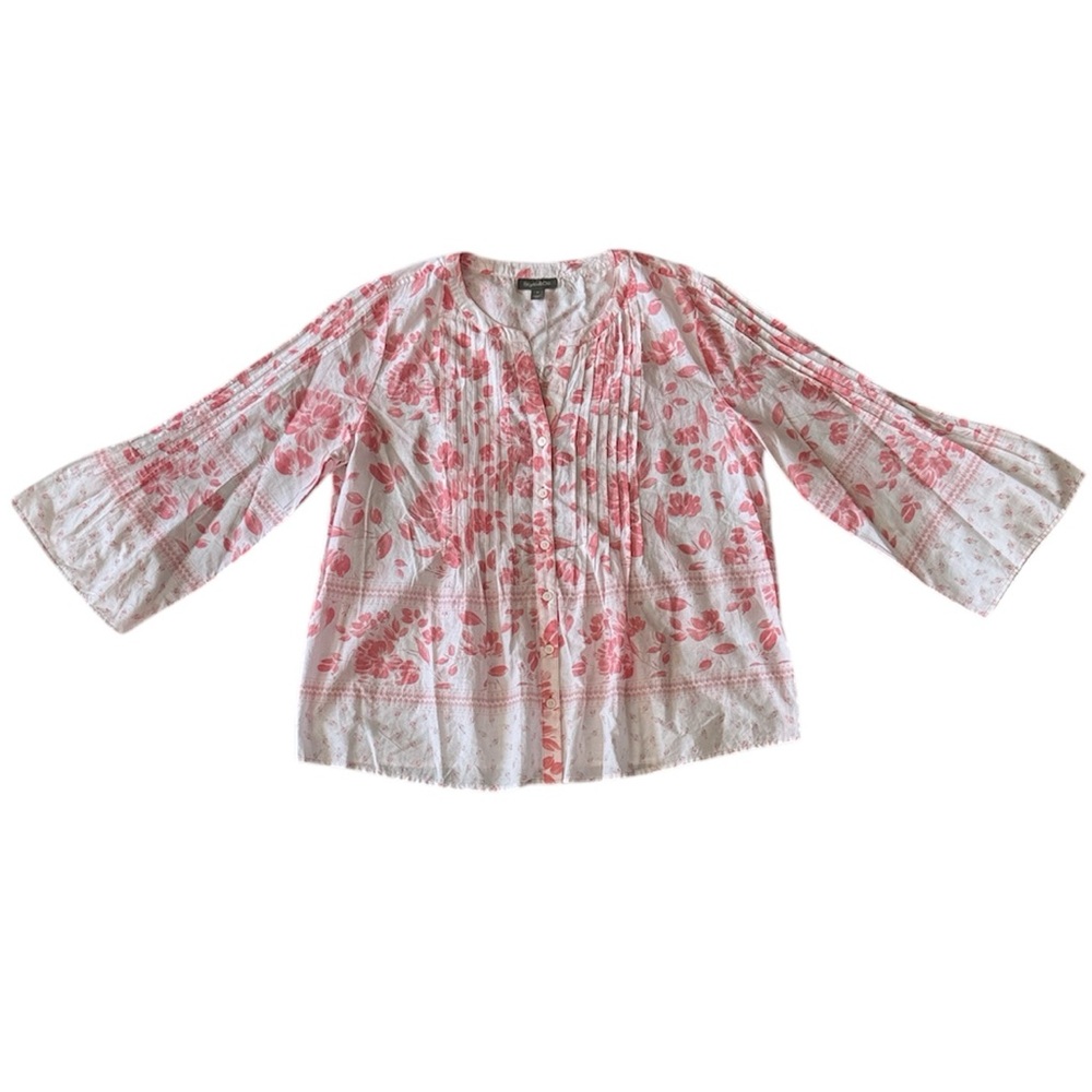 ☀️ Style & Co NWT Pink and White Floral Bell Sleeve Blouse 100% Cotton